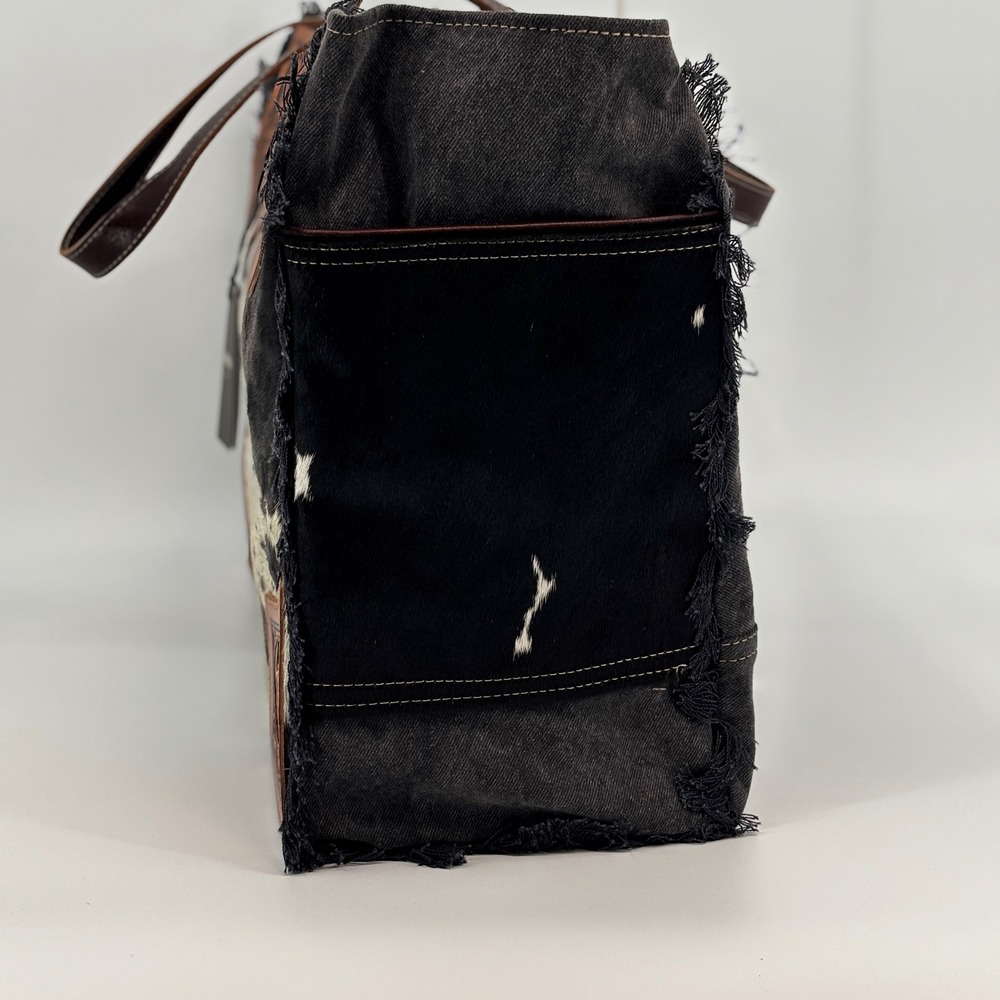Myra Bag Cartwright Tote Bag Womens Large Black Cowhide Hand-Tooled S-7870 - Picture 4 of 12